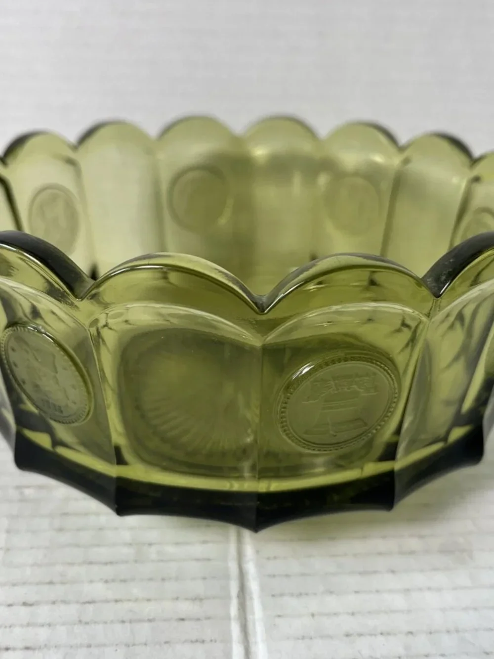 Vintage Fostoria Coin Glass Olive Green Large Bowl 7.25”